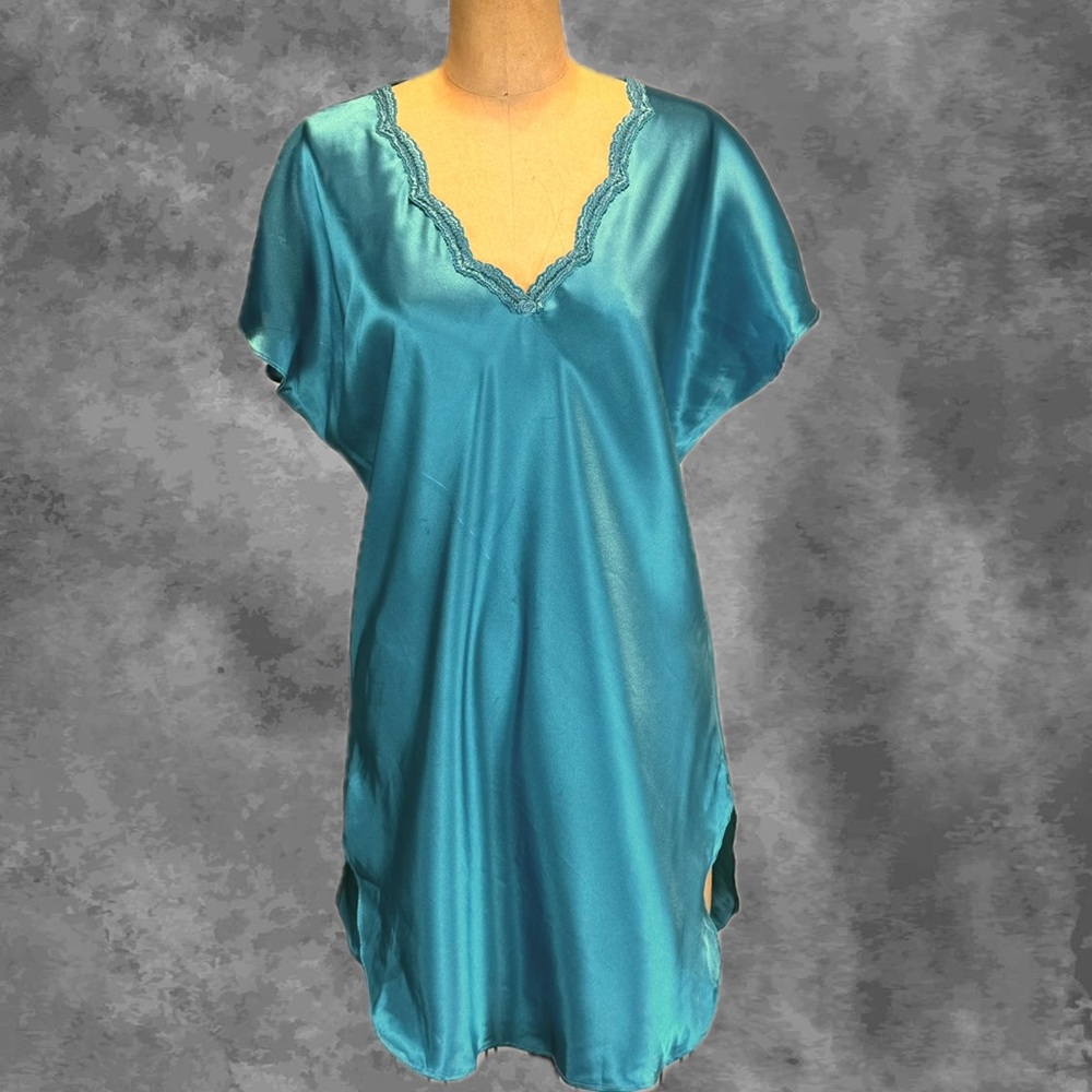 VINTAGE‎ aqua teal silky nightgown midi mini short sleeve lace v neck 80s 90s